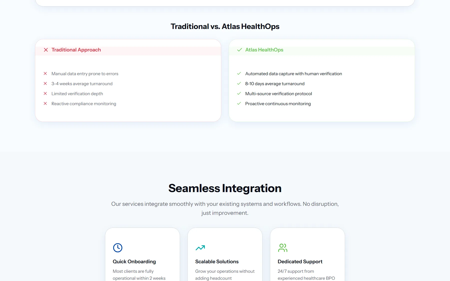 The services page comparing the traditional approach with Atlas HealthOps