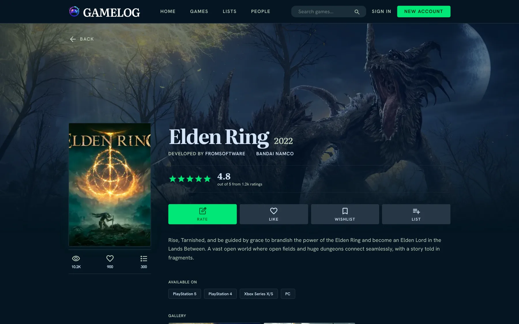 A Gamelog game page with rating, actions and platforms