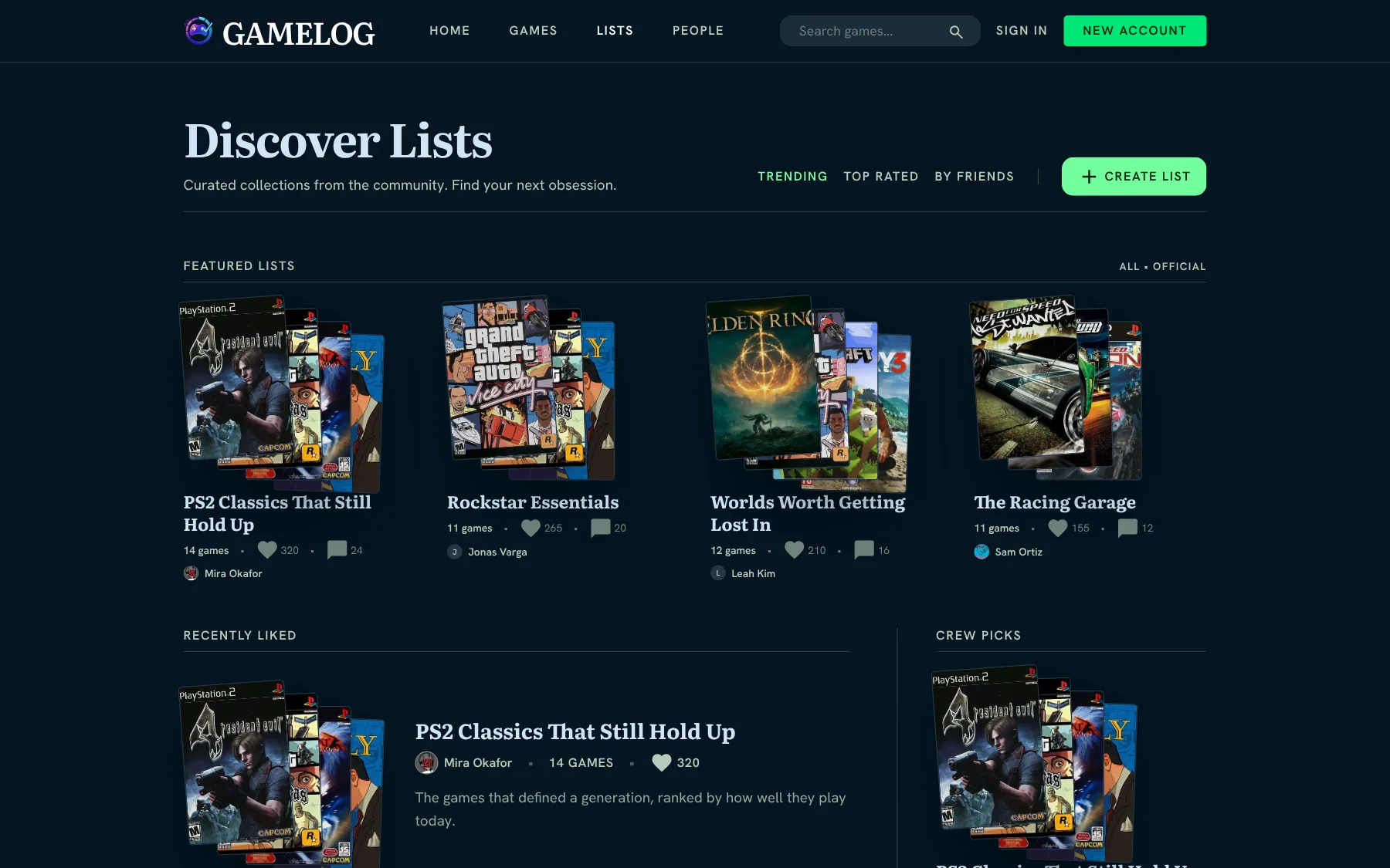 Discover Lists: featured, recently liked and crew picks