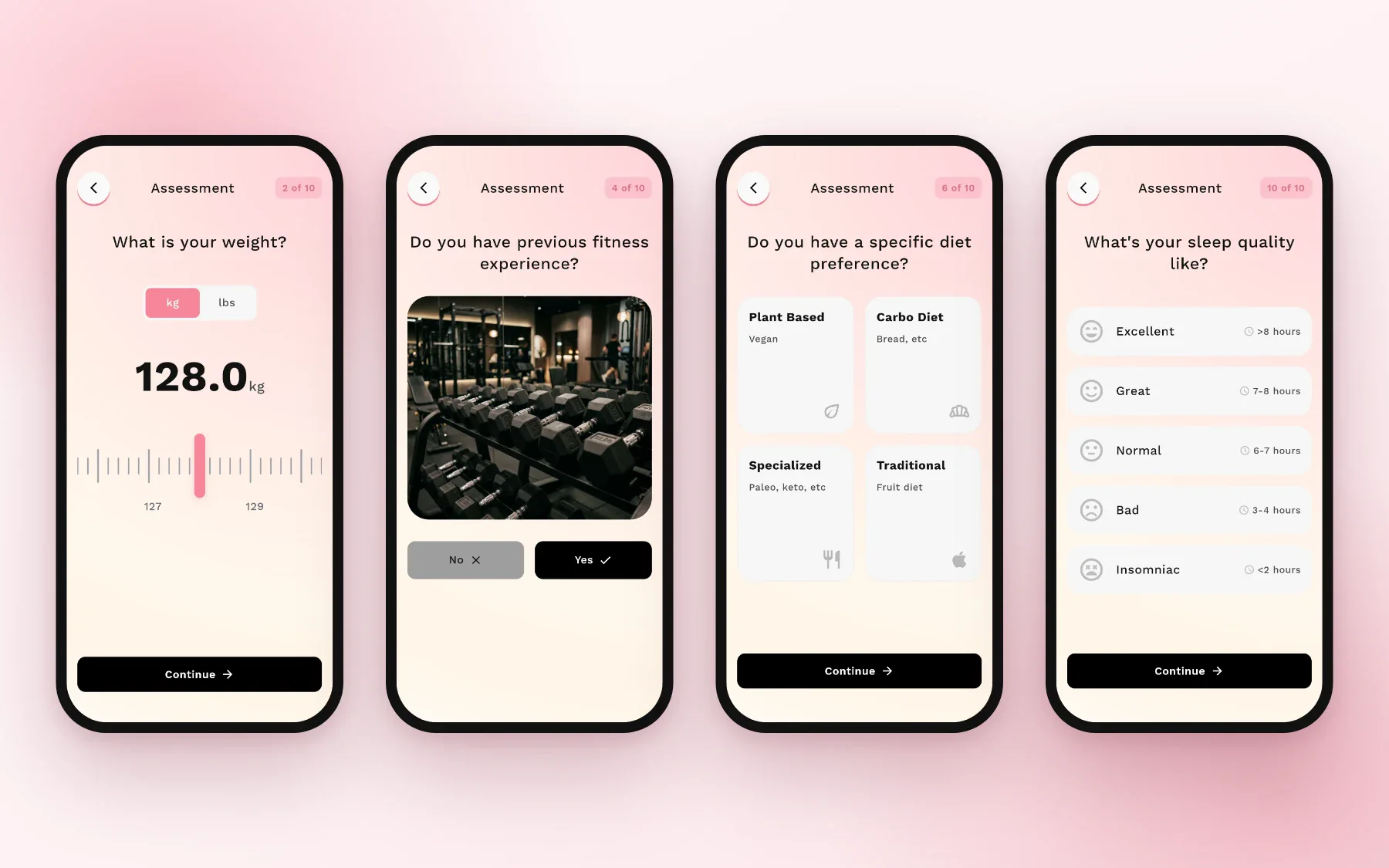 Member onboarding assessment screens