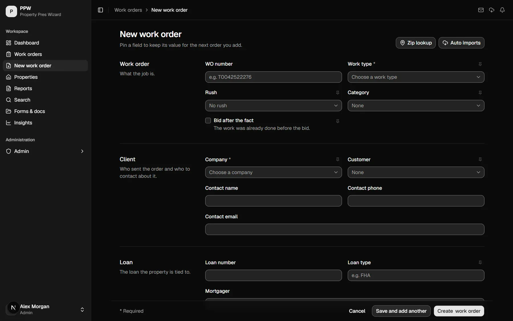 Creating a new work order