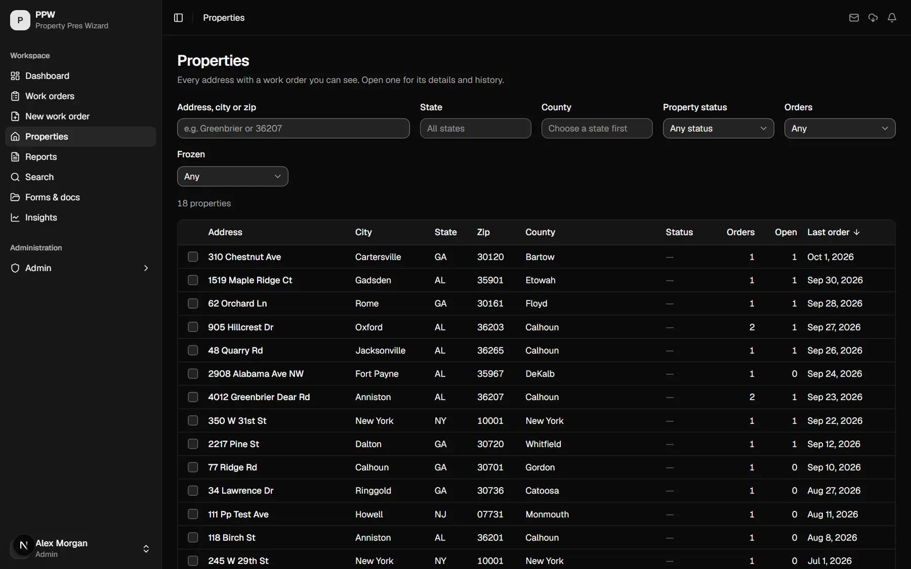 Properties list with open orders and history