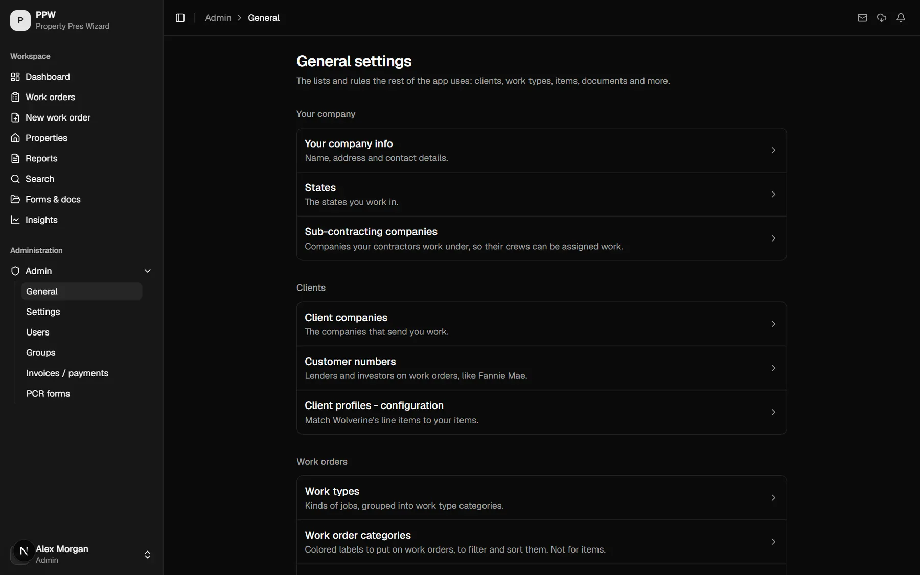 General settings for clients, work types and automation