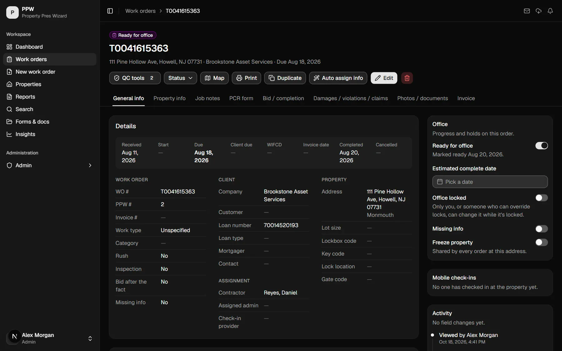A PPW work order with its details, office controls and activity
