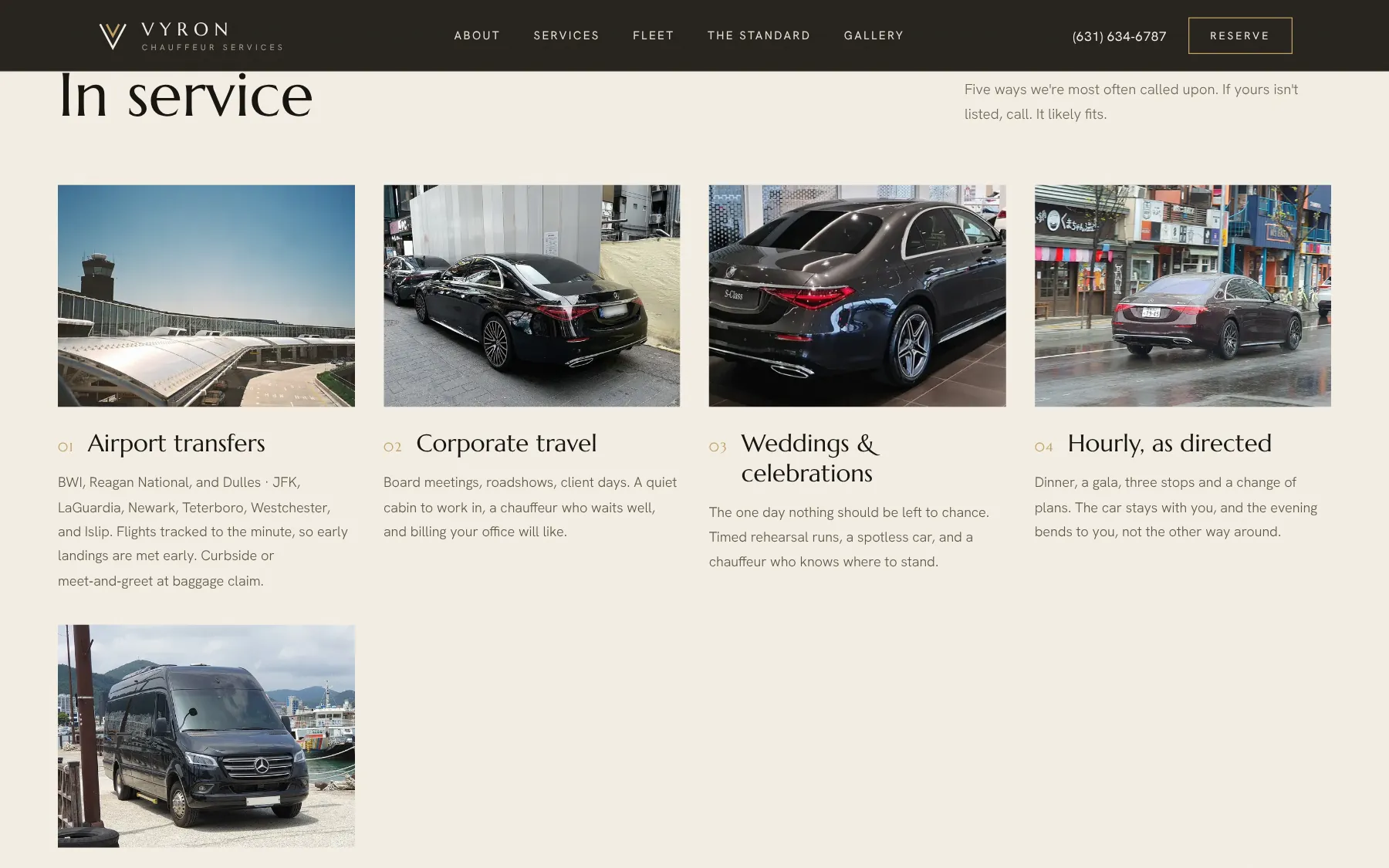 Vyron services: airport, corporate, weddings, hourly and long distance